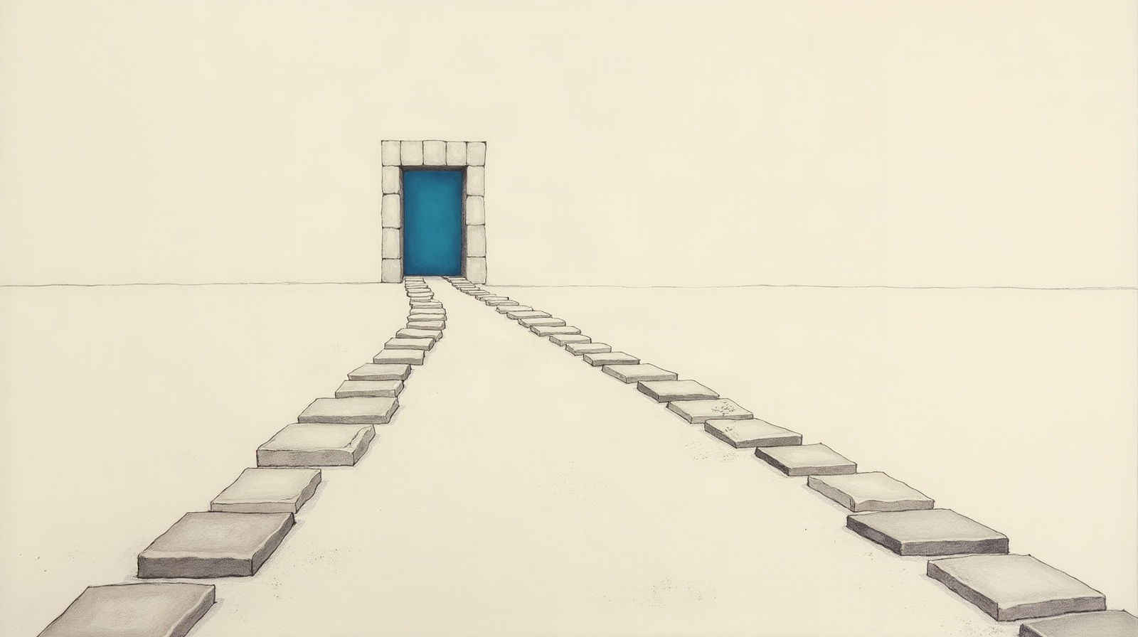 Two rows of flat stone slabs leading across a pale floor to a single blue doorway in a plain wall